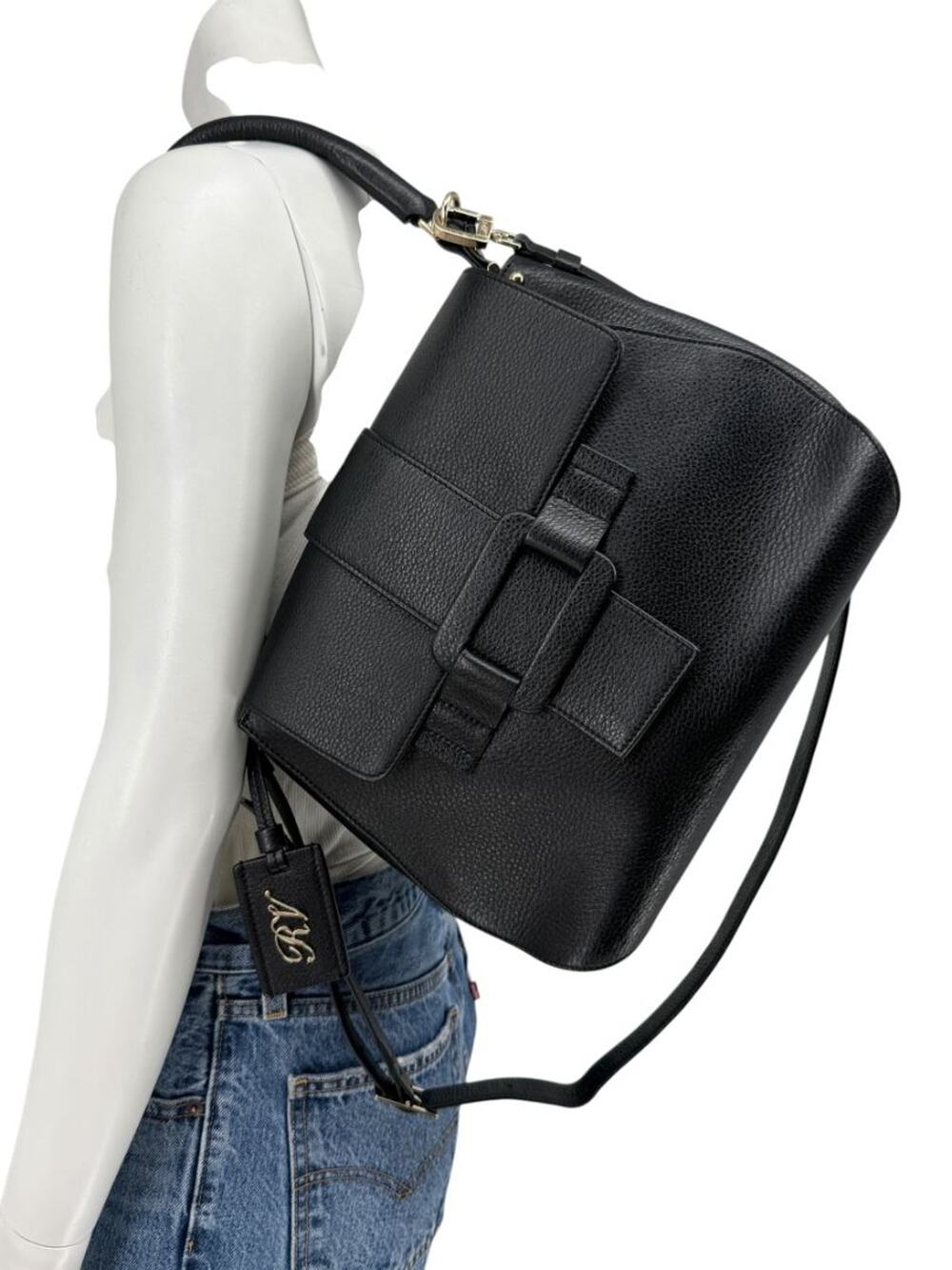 Roger Vivier Pilgrim De Jour Pebbled Leather Saddle Bag – Black